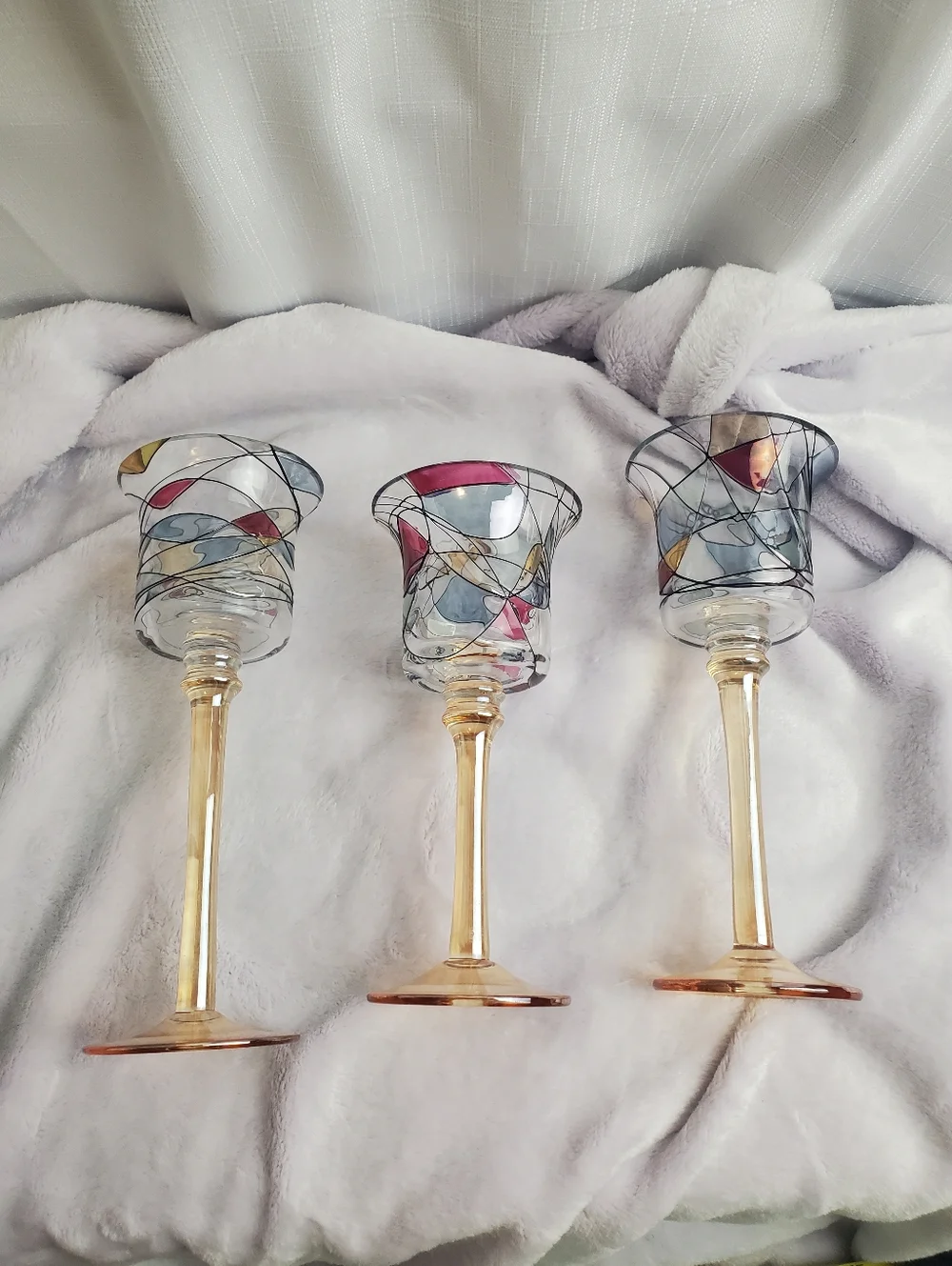 3 Piece Retired Tiffany Style Mosaic Stemmed Votive Glass Tealight Holders New - Picture 6 of 16